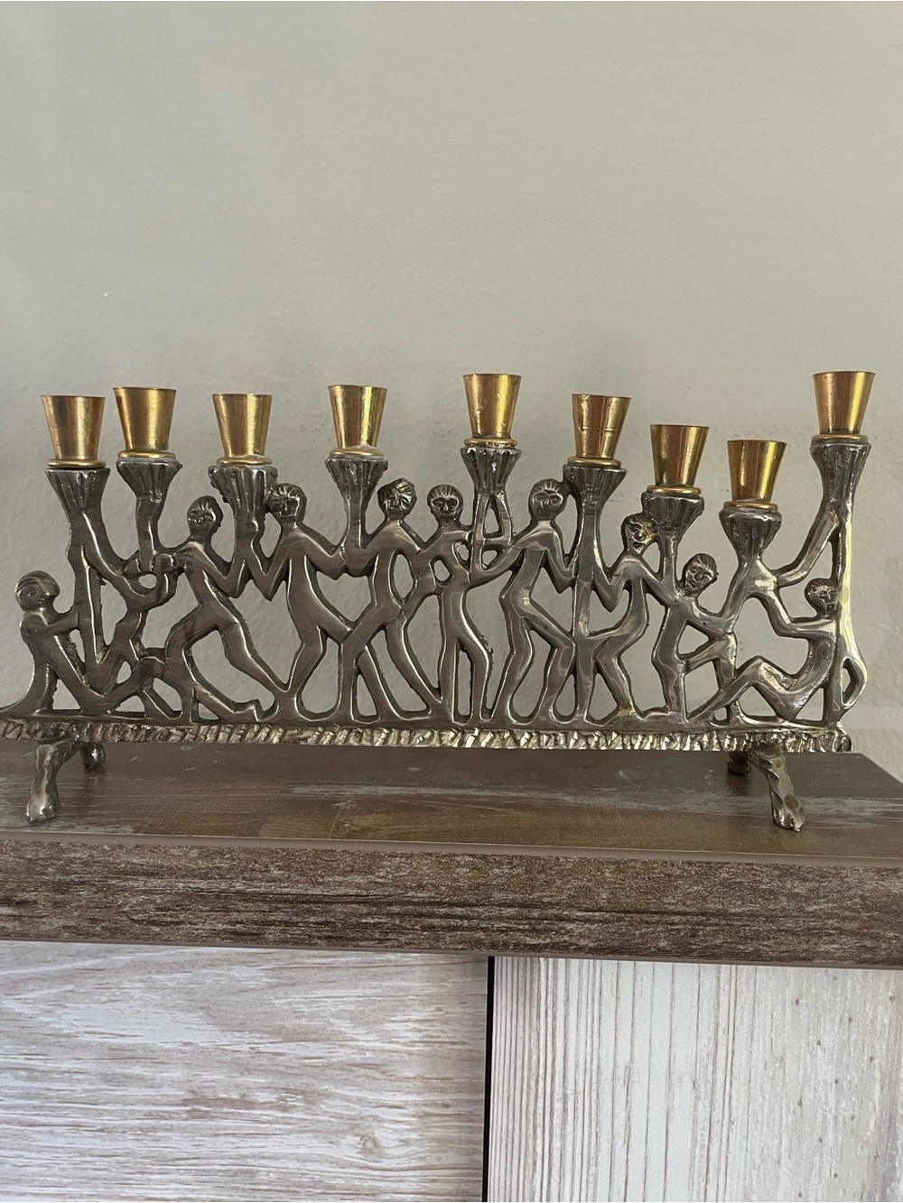Vintage Hanukkah Menorah Dancing Figures Cast Metal Brass Candle Holders Judaica